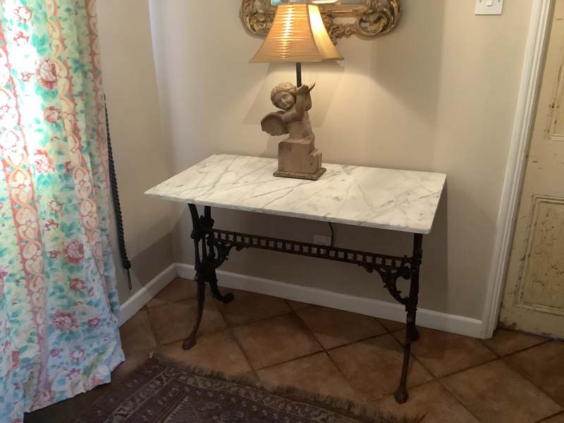 English cast iron garden console table with marble top