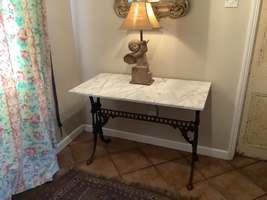English cast iron garden console table with marble top